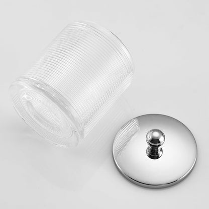 Indecor Home Clear Transparent Apothecary Ribbed Geometric Etched Glass Jar W/Silver/Chrome Metal Lid Cover for Bathroom Organization, Cotton Balls, Q Tips, and Small Accessories, Bathroom Storage