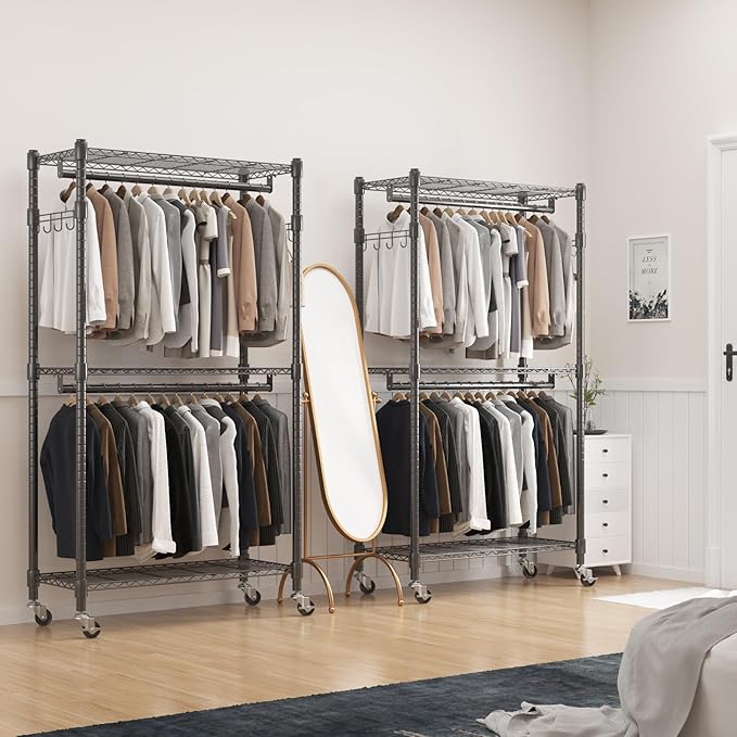 BATHWA Heavy Duty Garment Racks,35.5" D x 16.5" W x 80.7" H, Rolling Clothes Rack with Shelves Wheels 2 Rods for Shirt Clothing Hanging Tall Wardrobe Closet Multifuctional for Bedroom Laundry balcony