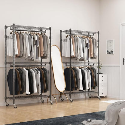 BATHWA Heavy Duty Garment Racks,35.5" D x 16.5" W x 80.7" H, Rolling Clothes Rack with Shelves Wheels 2 Rods for Shirt Clothing Hanging Tall Wardrobe Closet Multifuctional for Bedroom Laundry balcony