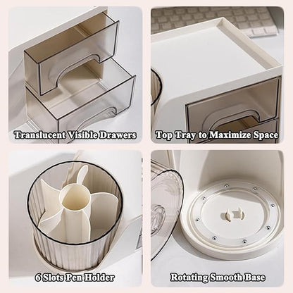 SAYEEC Rotating Desk Organizer with 2 Drawer 6 Slots Multi-Functional Pencil Pen Holder Desktop Makeup Organizer Stationery Accessories Storage Box Caddy for Office School Home Art Supplies (White)