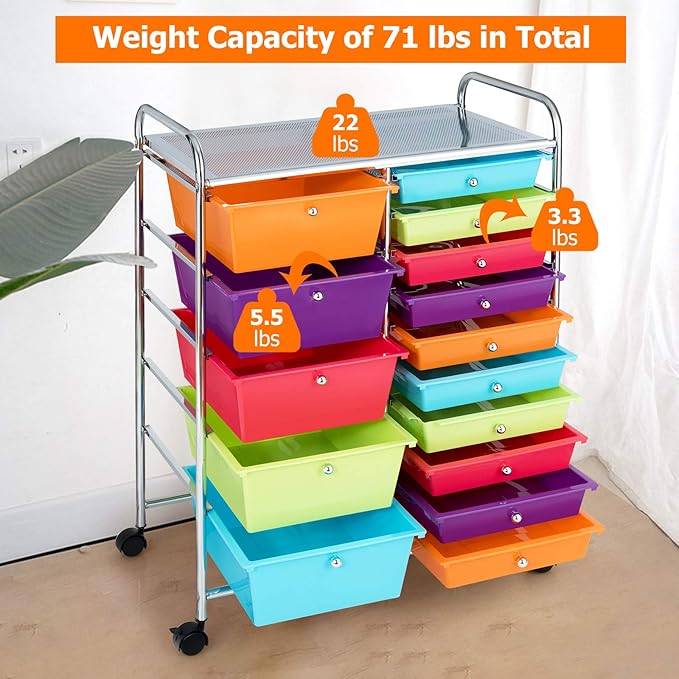 ARLIME 15-Drawer Storage Cart, 15 Drawer Trolley, Rolling Organizer Cart, Scrapbook Paper Organizer, Suitable for Office and School, Rolling Office Storage Tools (Multicolor)
