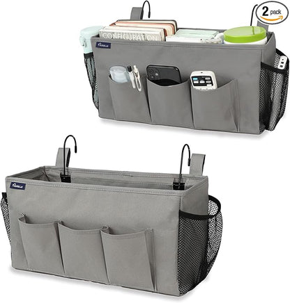 Surblue Bedside Organizer with Hook Caddy Hanging Storage Bag with Adjustable Straps and Water Bottle Holder for Home, College Dorm, Hospital Bed, Grey, 2PCS