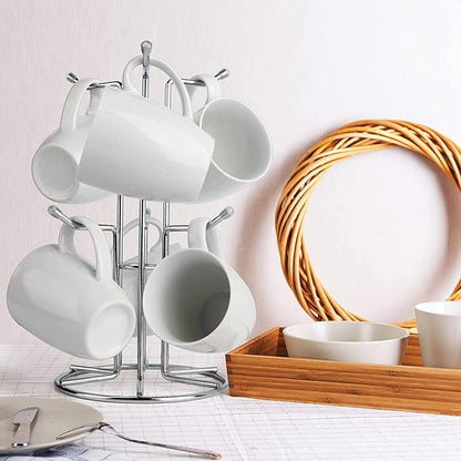 HULISEN Coffee Mug Holder for Countetop, Cup Tree for Counter Large Mugs with 6 Hooks, Metal Cup Holder Stand, Standing Rack Display for Coffee Bar, Silver