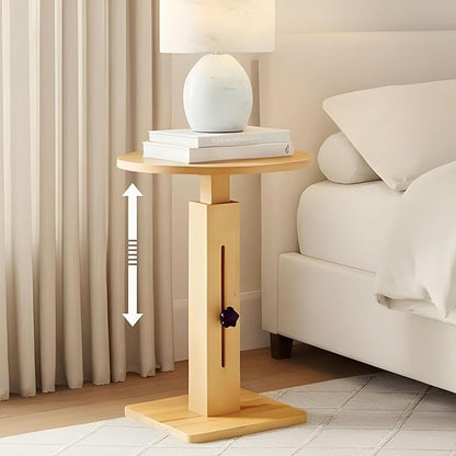 Behomes Aurin Solid Wood Nightstand, Modern Side Table with Adjustable Height, Round End Table, Accent Bedside Table for Bedroom, Living Room, Round Top, Natural