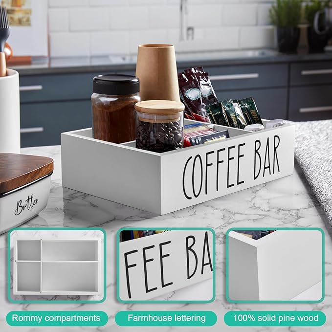 ALELION White Coffee Station Organizer - Wood Countertop Accessories Organizer with Removable Dividers for Pods Condiment Syrup Tea Cups Stirrers