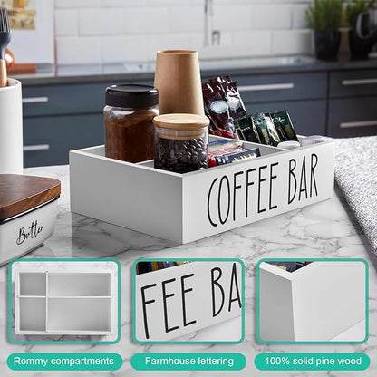 ALELION White Coffee Station Organizer - Wood Countertop Accessories Organizer with Removable Dividers for Pods Condiment Syrup Tea Cups Stirrers