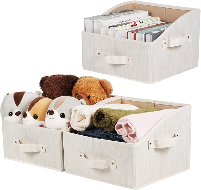 KEEGH Storage Bins for Closet Shelves Storage Baskets for Shelves Trapezoid Storage Bin Fabric Organizer Bins for Clothes with Handles,Beige,Set of 3, 11.8" x 11.2"x 8.3"