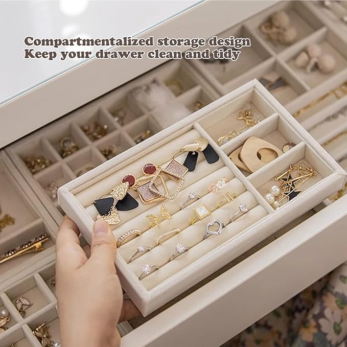 SPAKOWN Jewelry Drawer Organizer Inserts Set of 8, Small Stackable Jewelry Tray with Removable Dividers for Earrings Necklaces Rings Bracelets (Beige)
