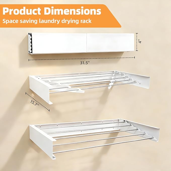 Wall Mounted Clothes Drying Rack 32", Heavy Duty Collapsible Space Saving Laundry Drying Rack with 50 lb Capacity, Drying Rack Clothing Foldable, 5 Rods, White