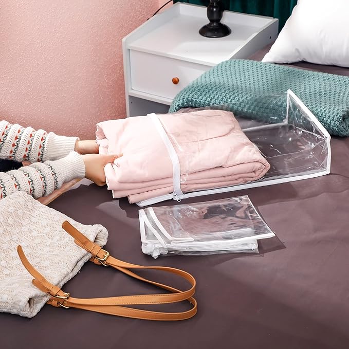 Sotiff 12 Pcs Clear Vinyl Storage Bag with Zipper 3 Sizes Durable Zippered Sweater Storage Bags Large Capacity Clothes Organizer Avoid Dust Dirt for Clothing Bedding Blankets Comforters Organize