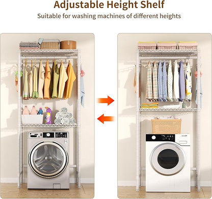 Over Washer and Dryer Shelves,2 Tier Adjustable Height Wire Shelving Laundry Room Storage Organization Clothes Drying Rack with Hanger Rod&Hooks,Space Saving Organizers Shelf,White