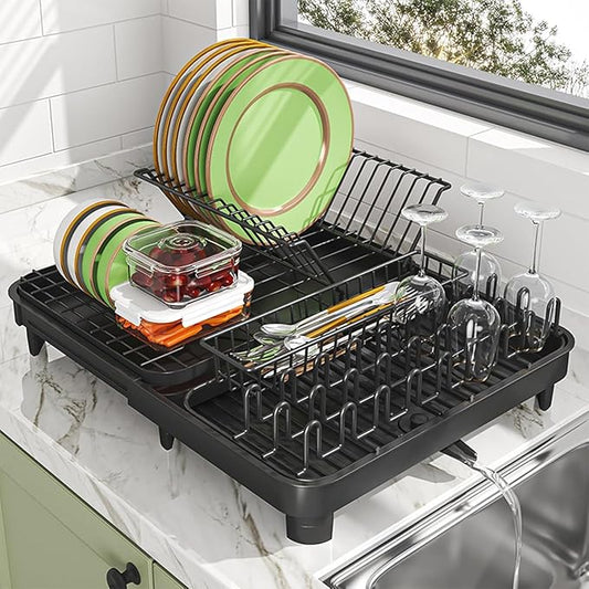 LEMIKKLE Dish Drying Rack, Large-Capacity Dish Drainer with Cutlery Holder Rotatable Water Drainer for Kitchen Counter,20.5" D x 16.1" W x 5.5" H