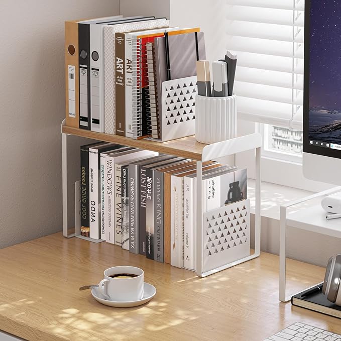 Mitus Shelf Organizer and Storage, Tiered Wood Cabinet Rack for The Kitchen Counter, Bathroom Counter, Pantry Cupboard, Office Desk Bookshelf, 16" Wide Natural and White (Large)