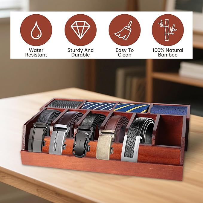 Niciksty Large Adjustable Wood Belt Organizer, 10 Compartments Belt Rack and Tie Storage Holder for Closet and Drawer, Belt Holder Organizer and Displayer, Tie Holder Storage for Men Women, Brown