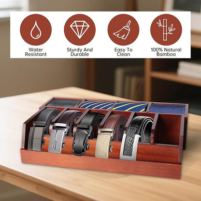 Niciksty Large Adjustable Wood Belt Organizer, 10 Compartments Belt Rack and Tie Storage Holder for Closet and Drawer, Belt Holder Organizer and Displayer, Tie Holder Storage for Men Women, Brown