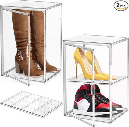 DAYOOH 2 Pcs Shoe Display Case, XX-Large Tall Boot Storage Box Transparent Handbag Organizer for Closet Acrylic Shoe Box Clear Plastic Stackable Sneaker Collectibles Case with Detachable Divider