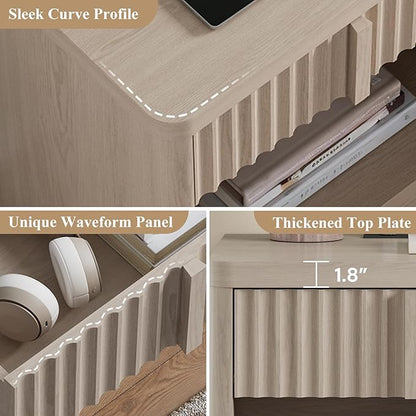 Harpaq Fluted Nightstand Set of 2 with Charging Station, 23.6" Wood End Table with Solid Wood Handle, Curved Profile Design, Mid Century Moden Bedside Table for Bedroom, White Alder