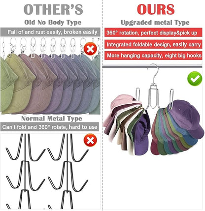 NAKBINX 2 Pack Hat Hanger for Closet, Collapsible Metal Hat Organizer for Baseball Caps, Racks with 4 Big Hooks, 360° Rotation Space Saving Hangers, Better Organizer&Display for Tie, Scarves