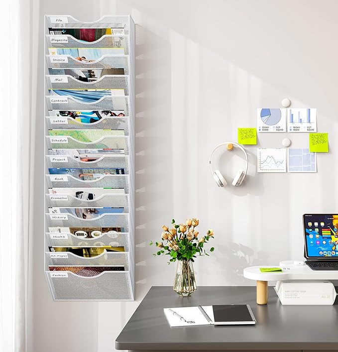 14 Pockets Hanging Wall File Organizer, Office Organization Wall Mount Mail Sorter Paper Holder Bill Organizer for Home, White