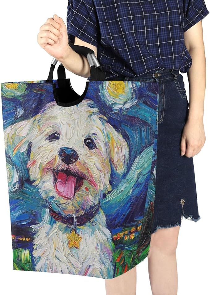 Laundry Hamper Basket Dog Starry Night Blue Storage Basket Collapsible Clothes Hamper with Handle Decorative Organizer Bins Basket for Laundry Room Bedroom Clothes College