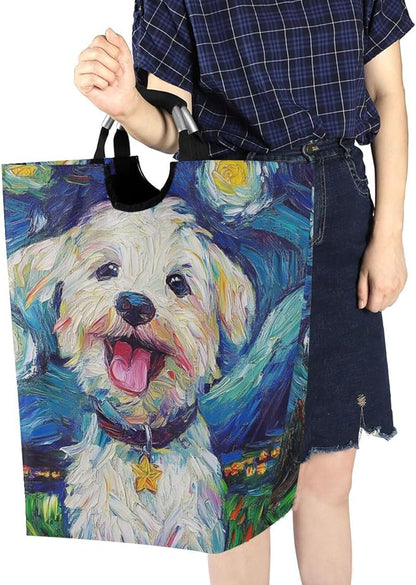 Laundry Hamper Basket Dog Starry Night Blue Storage Basket Collapsible Clothes Hamper with Handle Decorative Organizer Bins Basket for Laundry Room Bedroom Clothes College