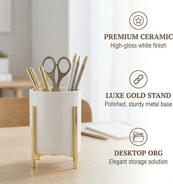 4.72" Gold Pen Holder Aesthetic Pencil Holder for Desk, Gold Desk Organizers and Accessories for Women Girls, Ceramic Pen Holder for Office
