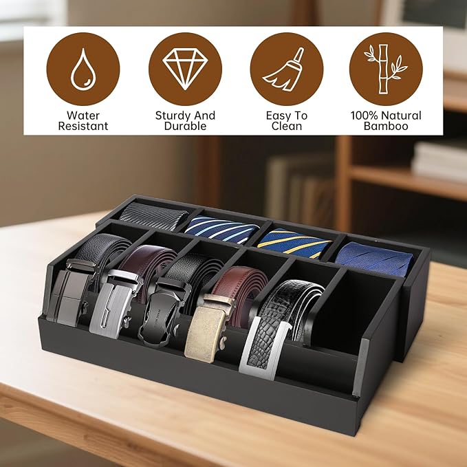 Niciksty Wooden Belt Organizer, 10 Compartments Belt Organizer for Closet and Drawer, Stylish Belt Storage Display Holder for Men Women’s Belts, Ties, and Jewelry, Black