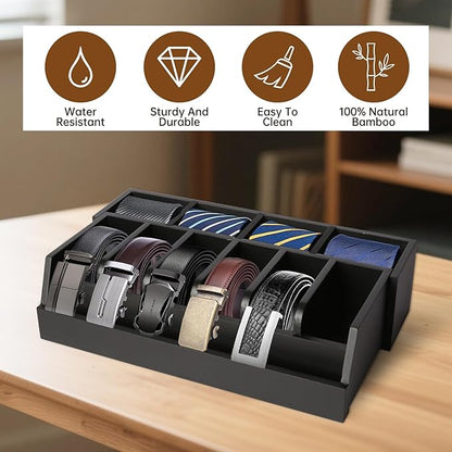 Niciksty Wooden Belt Organizer, 10 Compartments Belt Organizer for Closet and Drawer, Stylish Belt Storage Display Holder for Men Women’s Belts, Ties, and Jewelry, Black