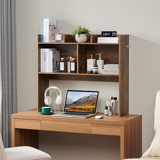 Desktop Bookshelf, Wooden Desk Storage Hutch with 5 Shelves, 3-Tier Desktop Display Organizer Rack for Office Home (Brown, 5 Shelves B)
