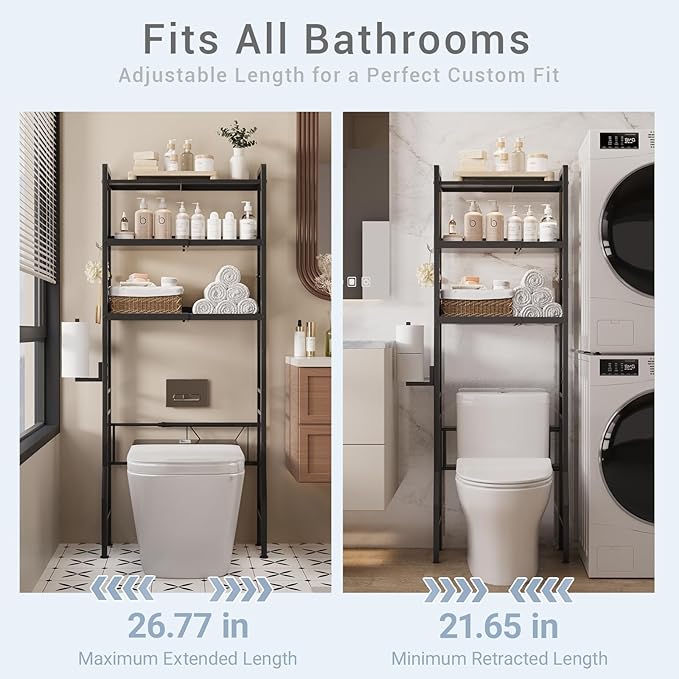 HEVONTIXAL Adjustable Over The Toilet Storage Shelf,3-Tier Metal Over Toilet Organizer with Toilet Paper Holder & Hooks,Space-Saving Option for Small Bathrooms, Black,(22 in- 27 in Wide)