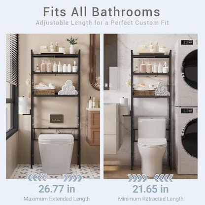 HEVONTIXAL Adjustable Over The Toilet Storage Shelf,3-Tier Metal Over Toilet Organizer with Toilet Paper Holder & Hooks,Space-Saving Option for Small Bathrooms, Black,(22 in- 27 in Wide)