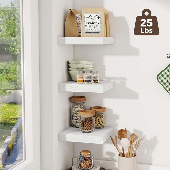 Fun Memories Square Floating Shelves for Wall, 9.3" W x 9.3" D x 1.4" H, Shelves for Wall with Invisible Brackets, Small Wood Storage Shelves for Kitchen, Living Room, Bedroom, Set of 3 (White)