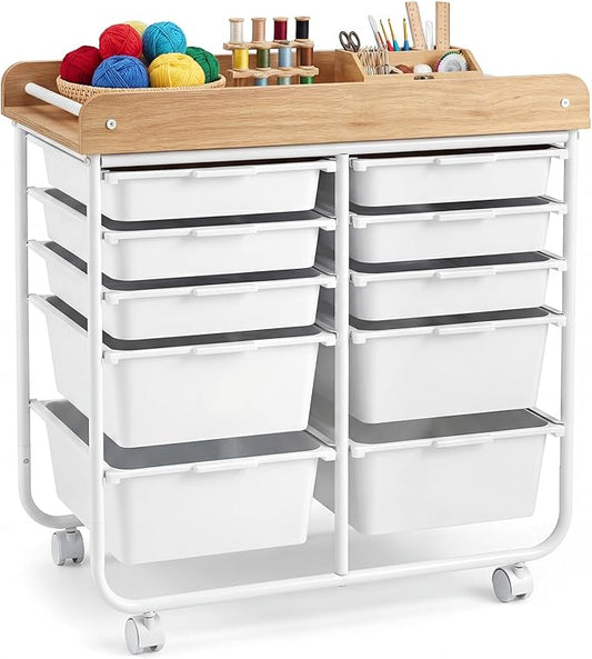 GOFLAME 10-Drawer Rolling Storage Cart, Craft Storage Cart with Wooden Tabletop, Lockable Wheels and Handles, Art Cart Supply Storage Organizer with Metal Frame for Home Office Classroom, White