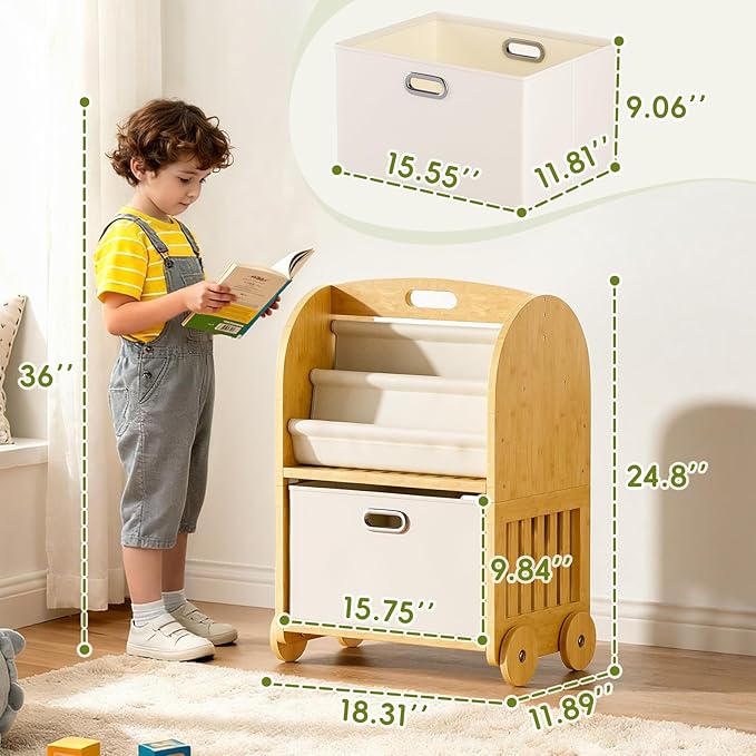 2-Sided, 3-Tier Bamboo Kids Bookshelf, Montessori Shelf with Safe Wheels and Large Storage Drawer, Toddler Bookcase Nursery Book Shelves and Toy Storage for Baby Rooms Playroom Kindergarten