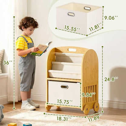 2-Sided, 3-Tier Bamboo Kids Bookshelf, Montessori Shelf with Safe Wheels and Large Storage Drawer, Toddler Bookcase Nursery Book Shelves and Toy Storage for Baby Rooms Playroom Kindergarten