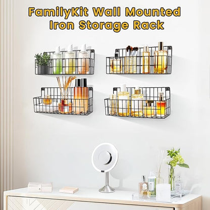 4 Set Extra Large Hanging Wall Wire Baskets, Hanging Wall Mount Storage Baskets, Metal Hanging Wire Basket for Organizing and Storage, Sturdy Wall Organizer for Home Kitchen Bathroom Storage, Black