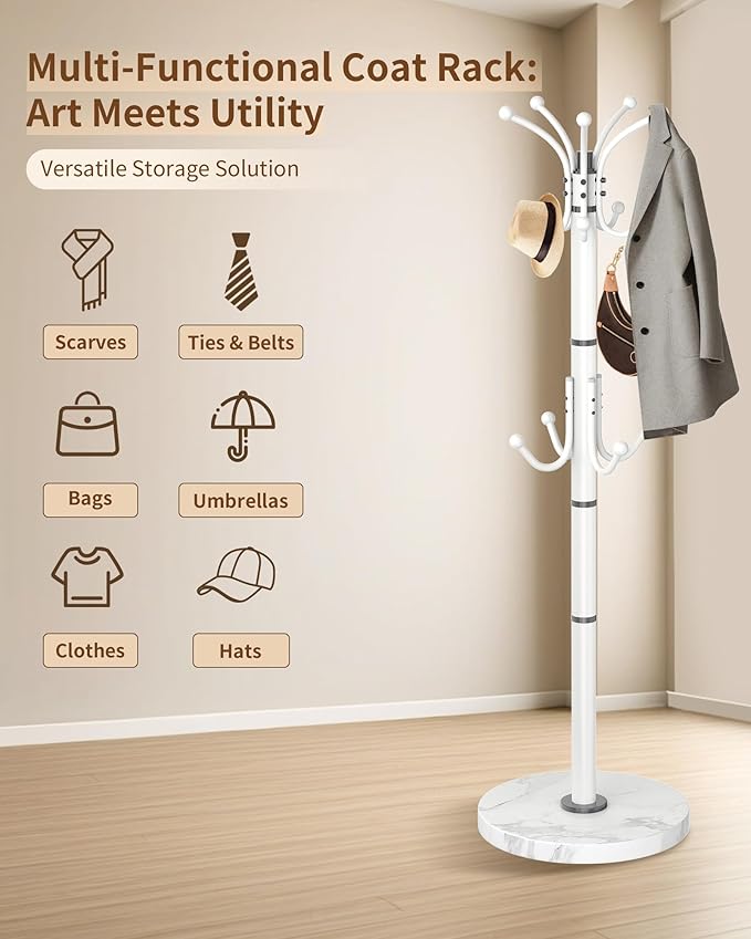 Modern Coat Rack Stand, 360° Rotary Metal Freestanding Coat Rack with Natural Marble Base, White Coat Racks and Coat Hanger Tree Jacket Stand with 14 Hooks for Office, Entryway, Hallway