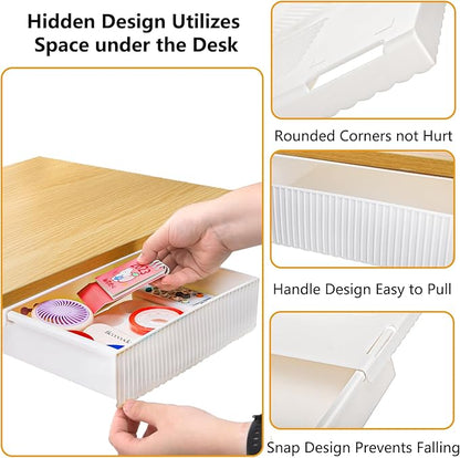 YOUEON 3 Pack Under Desk Drawer Slide Out, Self-Adhesive Under Table Drawer, Hidden Attachable Under Desk Storage Drawers, Stick on Drawers for Office, Home, School, White