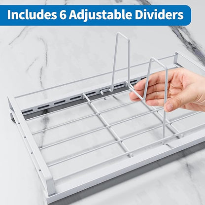 GAGUIUP Food Container Lid Organizer, Adjustable 6 Dividers Full-Metal Pot and Pan Organizer Rack for Kitchen Cabinets, Drawers, Cupboards, Pantry Shelves Storage, White