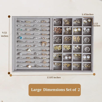 KATISYIO Large Velvet Jewelry Tray 2 Pack Stackable Jewelry Display Drawer Inserts Trays Organizer for Earring Bracelet Necklace Ring (Gray, Ring and 24 Grids)