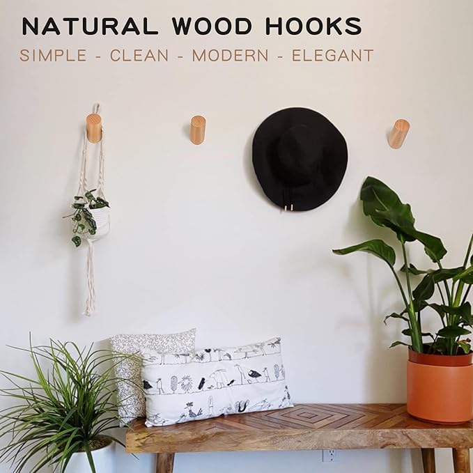 Wooden Wall Hooks, 2 Pack Coat Hooks Wall Mounted - Natural Wood Hook Coat Rack, Heavy Duty Hooks for Hanging Towels Entryway Coats Hat Rack for Wall (Beech Wood)