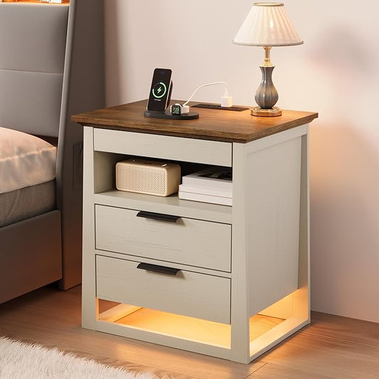 Rresyet 3 Drawer Nightstand with Charging Station & LED Lights & Open Shelf, Modern Night Stand with Storage, Wooden Bedside Table for Bedroom Room, Office (White)