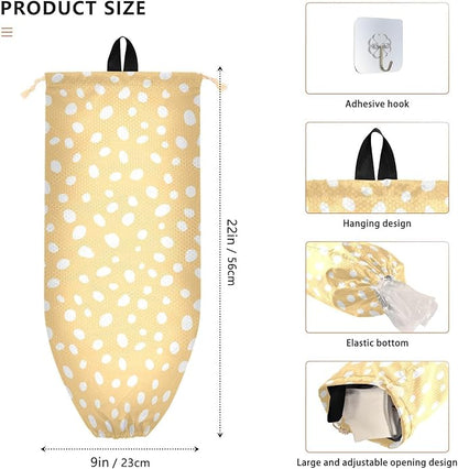 1 PC Plastic Bag Holder Wall Mount Grocery Bag Holder Shopping Bag Trash Bag Storage Organizer Dispenser for Kitchen Closet 22 x 9 Inch White Dots Yellow