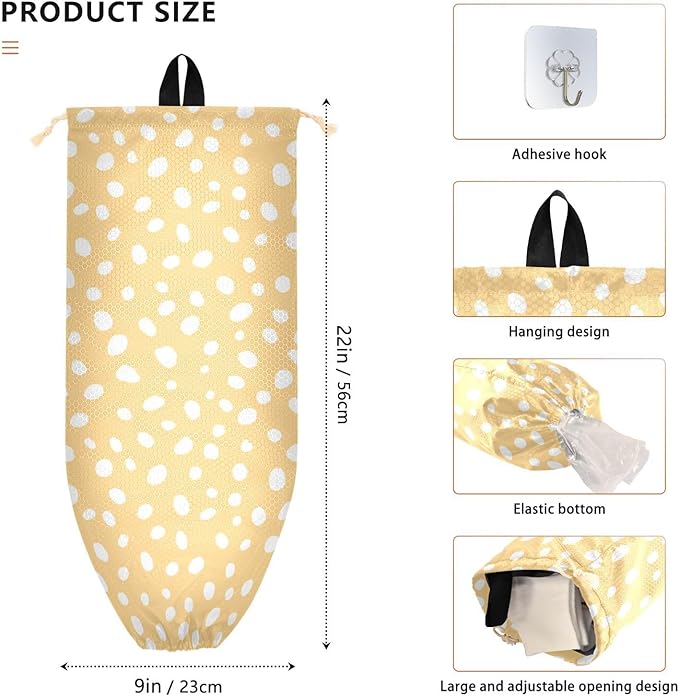 2 PCS Plastic Bag Holder Wall Mount Grocery Bag Holder Shopping Bag Trash Bag Storage Organizer Dispenser for Kitchen Closet 22 x 9 Inch White Dots Yellow
