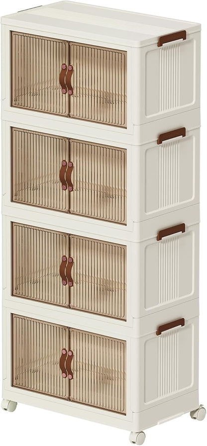 131 Gal Large Plastic Storage Bins with Door, Collapsible Stackable Storage Container Wheel, Foldable Storage Cabinet Toys, Folding Organizer Lid & Drawer for Clothes, Home, Room, White, 4 Tiers