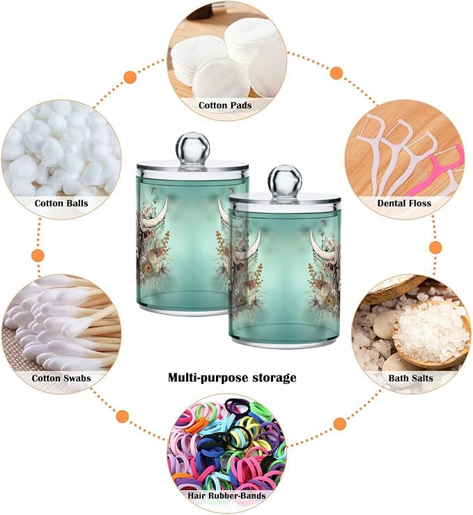 MNSRUU 2 Pack Qtip Holder Organizer Dispenser Highland Cow Flowers Pink Bathroom Storage Canister Cotton Ball Holder Bathroom Containers for Cotton Swabs/Pads/Floss