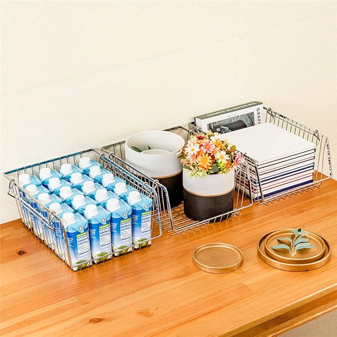 SANNO Stacking Baskets Bin Baskets Wire Storage Baskets Organization Farmhouse Scoop Baksket for Pantry, Kitchen, Closets, Bathroom, Cabinets, Kitchen, Set of 3