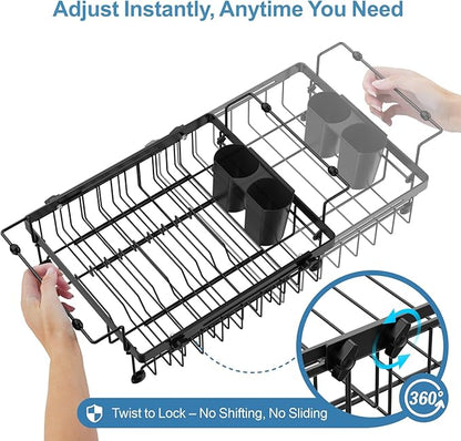 iSPECLE in Sink Dish Drying Rack - Capacity Expandable Over Sink Dish Rack with Mat (15.8"- 20.7"), Dish Drainer for Kitchen Counter with Utensil Holder Large Capacity, Black