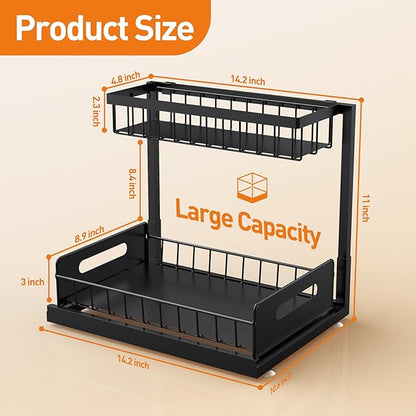 Under Sink Organizer,Metal Pull Out Cabinet Organizer Shelf,Kitchen Bathroom Organizers with Sliding Drawer,Storage Shelves,Storage and organization for Home,Laundry,RV,Pantry,Spice,Black,2 Pack