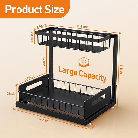 Under Sink Organizer,Metal Pull Out Cabinet Organizer Shelf,Kitchen Bathroom Organizers with Sliding Drawer,Storage Shelves,Storage and organization for Home,Laundry,RV,Pantry,Spice,Black,2 Pack